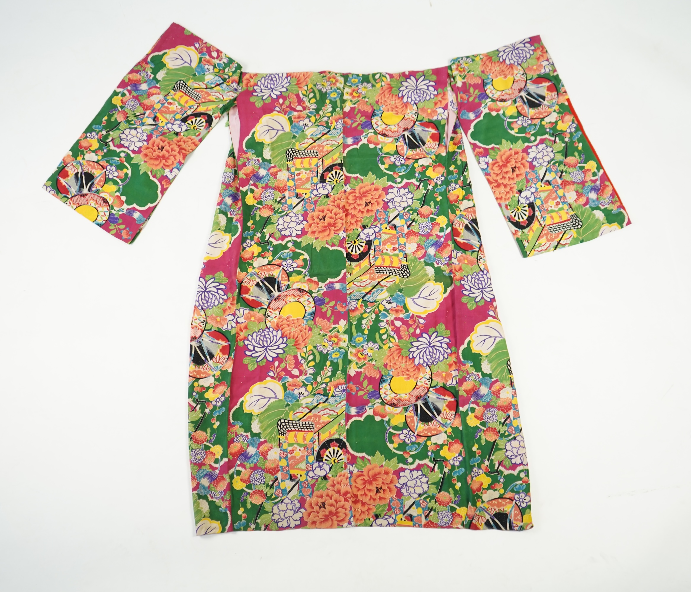 Four 1930’s - 1950’s printed silk full length silk lined Japanese kimonos. Two floral and two geometric in design. Longest black and orange floral designed kimono, 150cm long. Condition - purple and pink check kimono the